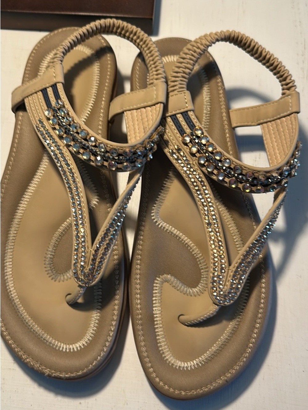 Embellished Beige T-strap Sandals with Elastic Back
